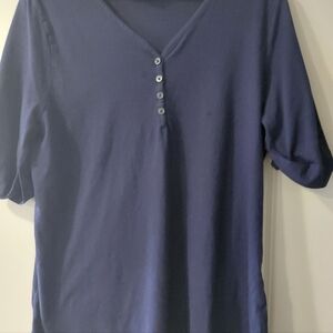 Karen Scott Navy Blue V-Neck Short Sleeve Top with Button Placket